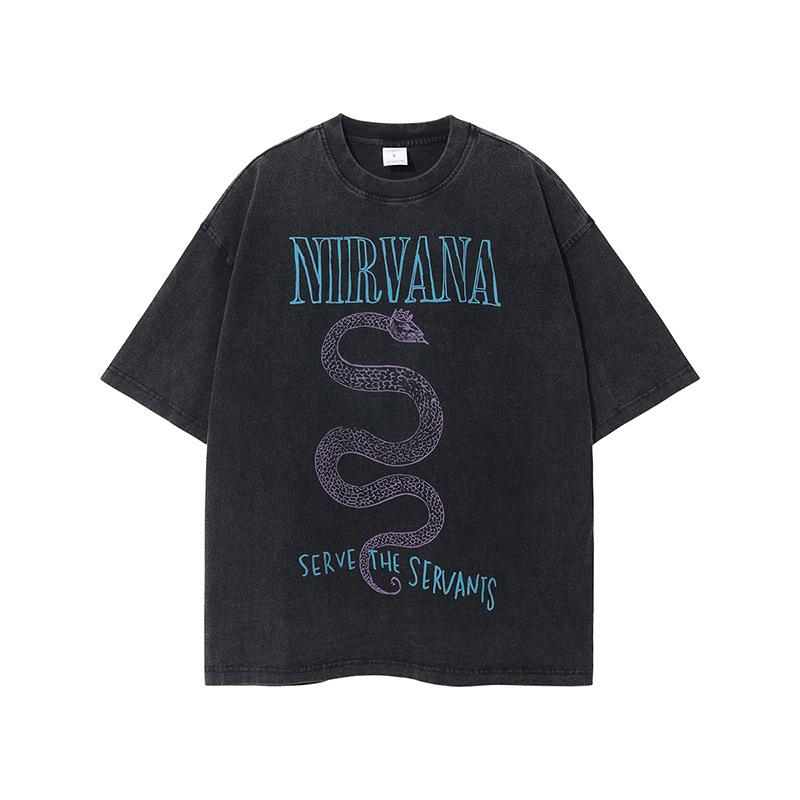 Maglietta a maniche lunghe band Nirvana vintage europeo e americano lavata effetto invecchiato maglietta a maniche corte Nirvana per uomo e donna