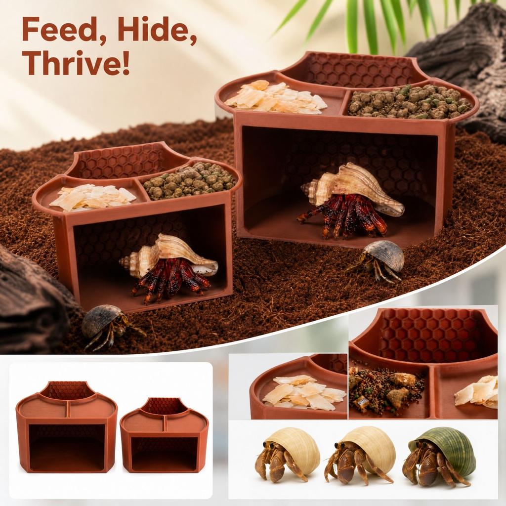 Hermit Crab Shelter with Food Bowls, 2-in-1 Hideout and Feeder for Terrarium