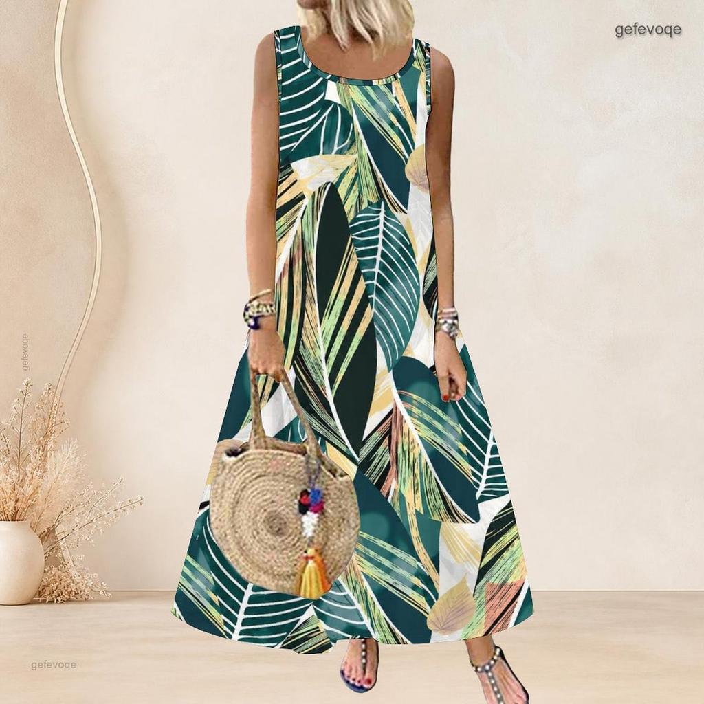 Women Plus Size Scoop Neck Sleeveless Tropical Leaf Printed Green A Line Long Dress