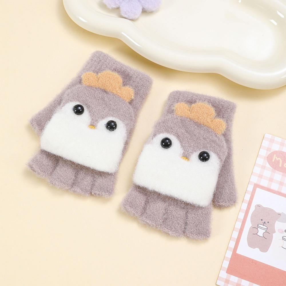 Winter Warm Children's Knitted Gloves Plush Thickened Cold Proof Students Write Outdoor Half Finger Flip Open Convenient Gloves