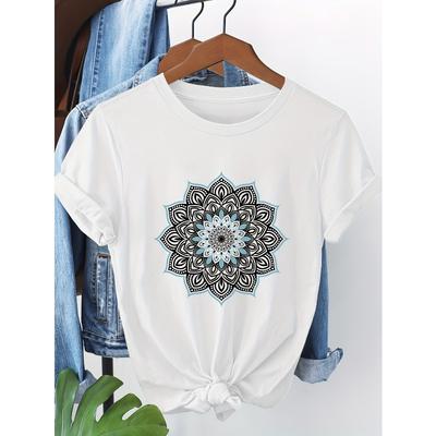 Taglie Europee T-shirt da Donna a Maniche Corte con Stampa Floreale Mandala - Top Casual Girocollo con Disegno Turchese e Nero, Traspirante Vestibilità Regolare