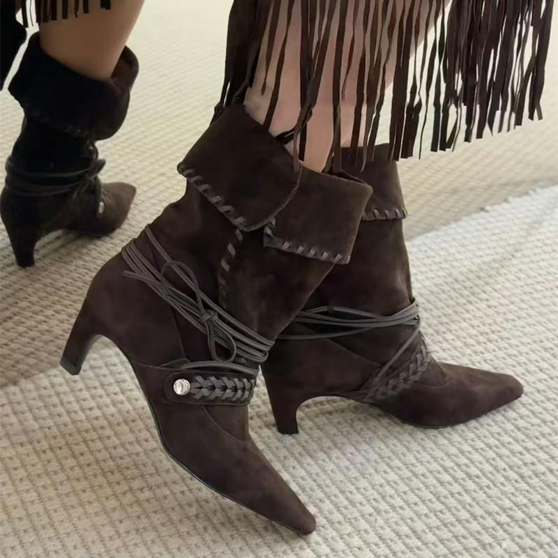 Autumn Winter Faux Suede Weave Lace-up Women Motorcycle Boots Fashion High Heels Chelsea Western Mid-Calf Short Booties Shoes