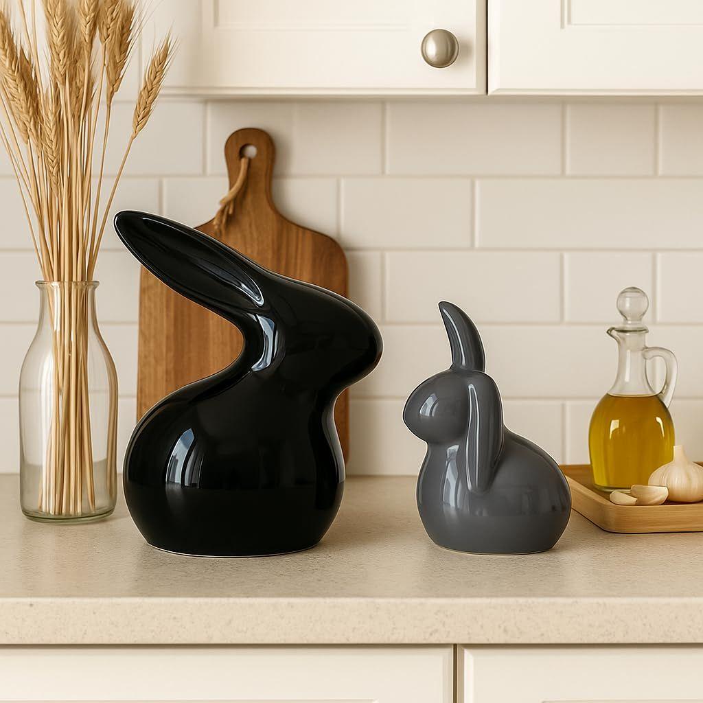 Home Decor Ceramic Rabbit Figurines (Set of 2, Black and Grey)