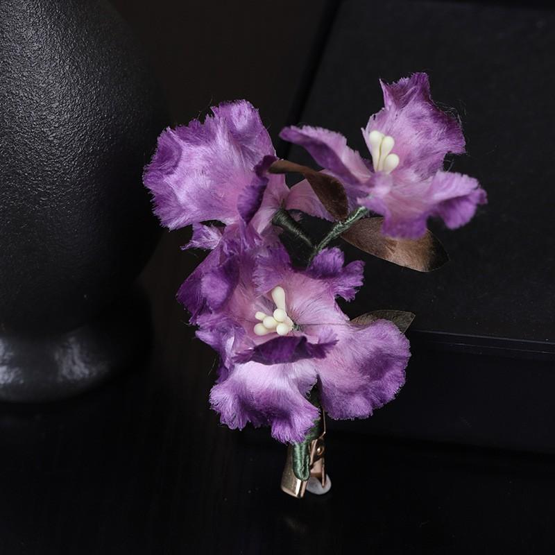 Handmade Chinese Silk Velvet Hair Clip Vintage Qipao Accessory Purple Iris Floral Hairpin Ethnic Style Headwear Dual Purple Iris Silk Flower Hair Clip L488