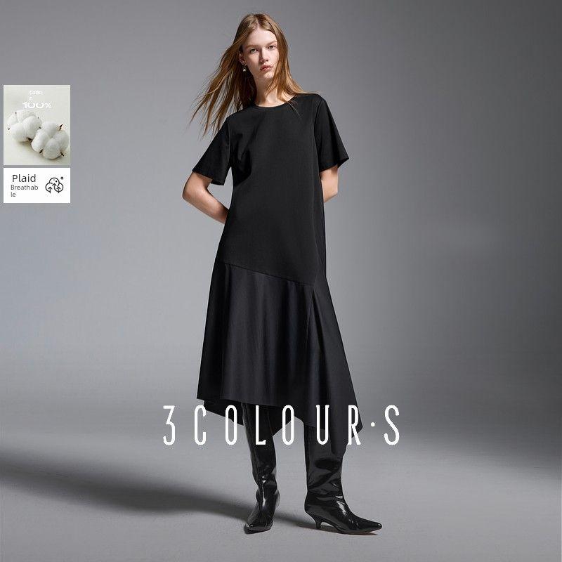 

Tricolor 2025 Summer New Patchwork Dress round Neck Loose Short Sleeves Straight Skirt Long Dress Minimalist S Classic Black 170/92A/XL