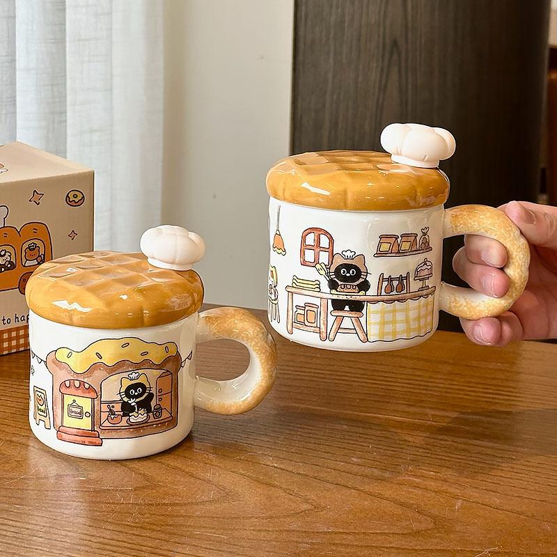 Creative Bread Cat Ceramic Mug, High Beauty Coffee Mugs with Lid, Home Drinking Tea Cup, Christmas Birthday Gift Kawaii Cup