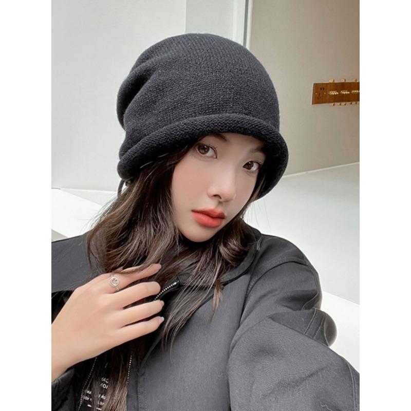Pile Hats Female Autumn and Winter Show Face Small Bag Head Cold Hat Big Head Circumference Drawstring Crimped Knitted Wool Hat