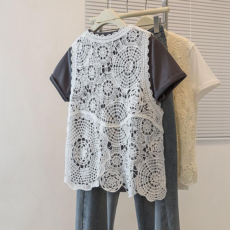 Elegant Plus Size Women's Floral Crochet T-Shirt and Vest Set - Korean Design