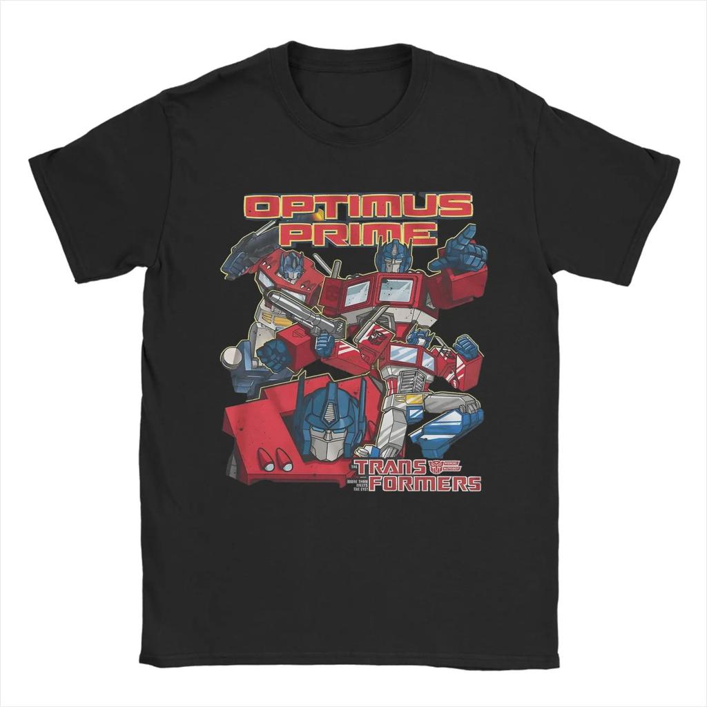 T-shirt Nera Oversize a Maniche Corte con Stampa Grafica Collage dei Transformers Autobots Optimus Prime per Fan di Anime e Giocattoli