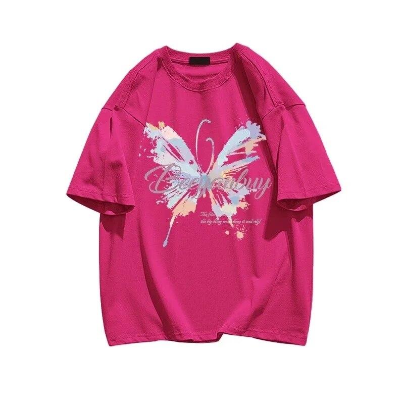 Sommer Uformelle y2k topper T-skjorter harajuku overdimensjonert sommerfugltrykk i ren bomull T-skjorte Grafisk Dame T-skjorter Hipster kawaii klær