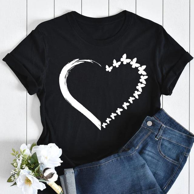 Butterfly Love Heart Print T Shirt Women Fashion Black T Shirt Female Short Sleeve Cute Graphic Tee Shirts Ladies Summer Tops