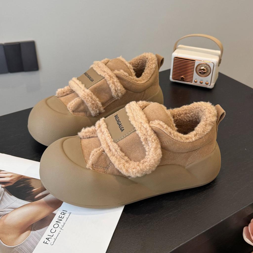 Plateau-Brot-Schuhe neu Samt warm Imitat Lammwolle mattes Leder lässige Mode Klettverschluss Damen Baumwollschuhe