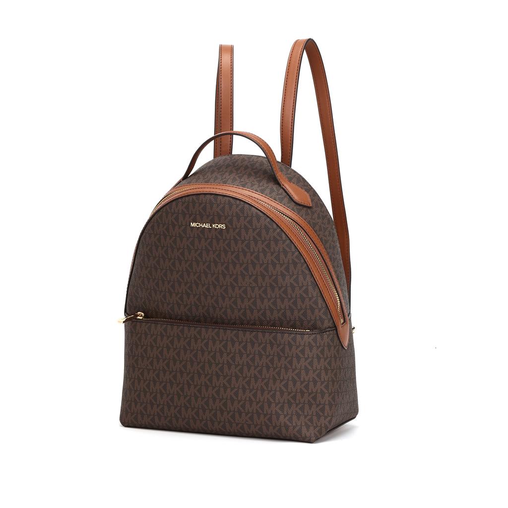 Michael Kors Sheila Mochila de Lona Revestida com Fechamento em Zíper Monograma Clássico Mochila Feminina Marrom Dourado 35F3G6HB6B-BROWN