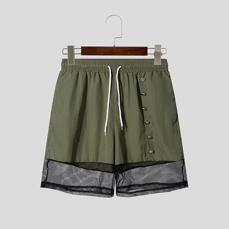 INCERUN Men Drawstring Elastic Waist Pockets Hollow Patchwork Casual Cargo Shorts Pants