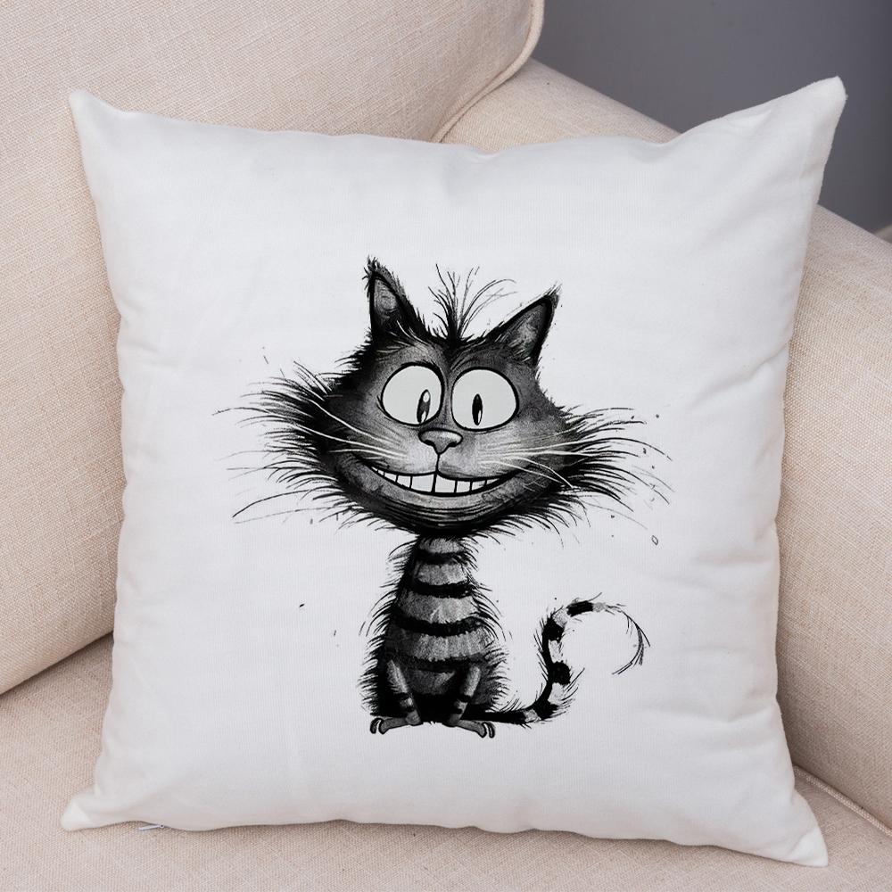 Grumpy Black Cat Pillowcase Double Print Striped Whimsical Cat Cushion Cover Soft Plush Curly Eared Fierce Cat Pillowcase