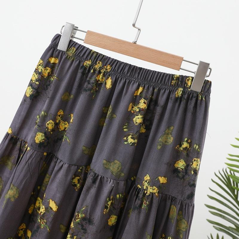 Women's Chaotic Pleated Fashion Floral Half-body Skirt Spring and Summer New Cover Crotch Thin A-line Skirt Printing Splicing Cake Long Skirt