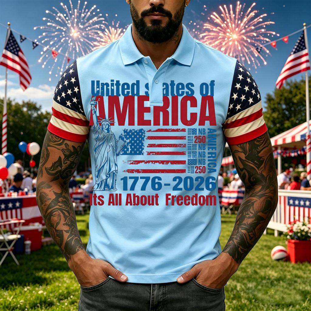 Men's Casual Short Sleeve Polo Shirt with Graphic Print and American Flag Pattern Sleeves Button Down Collar Athletic Fit