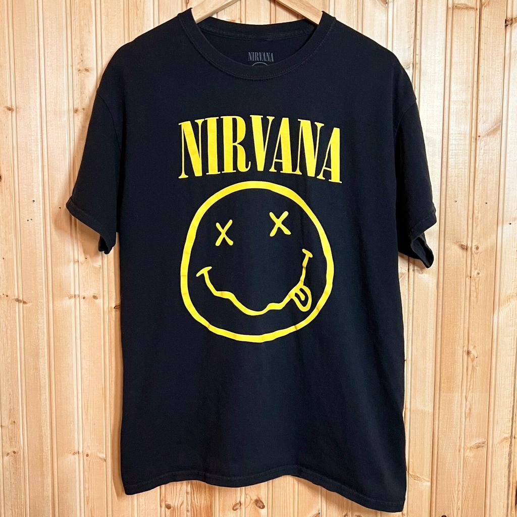 NIRVANA T Shirt Sz L 2021 Black Smiley Face Crew All Cotton Big Face Graphic