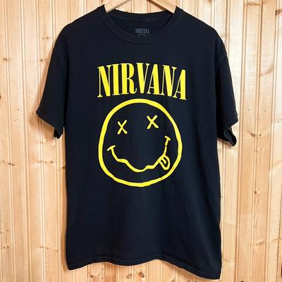 NIRVANA T Shirt Sz L 2021 Black Smiley Face Crew All Cotton Big Face Graphic