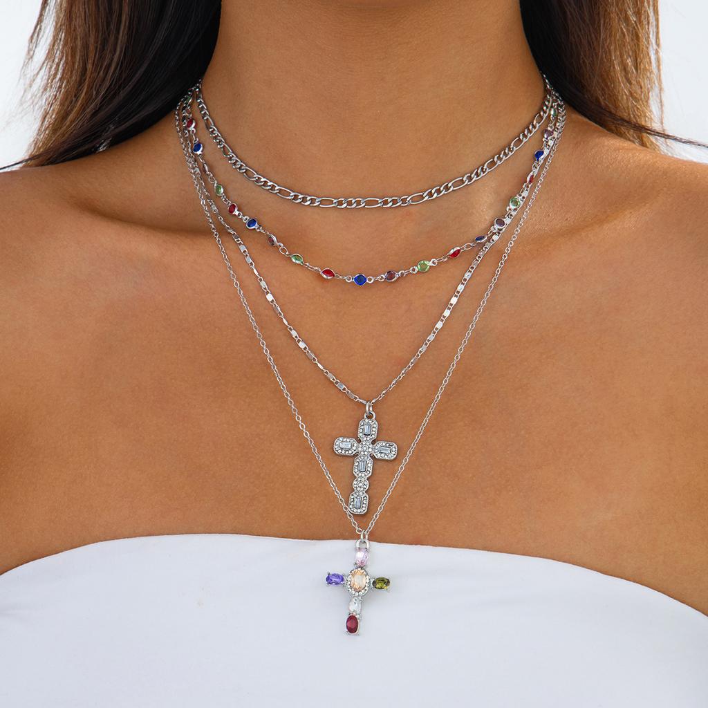 European and American Sense Y-shaped Fringed Necklace Women, Creative Color Double-layer Cross Pendant Collarbone Chain Necklace