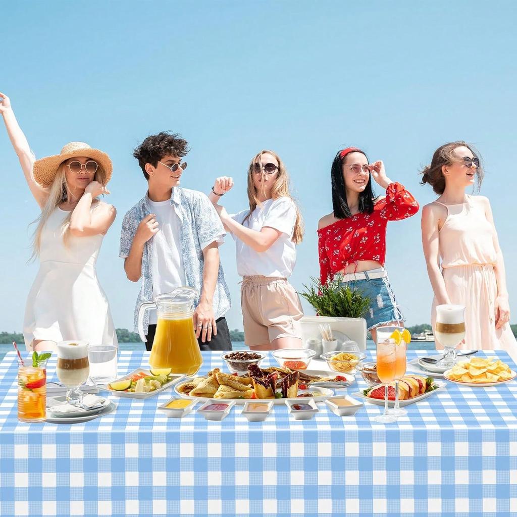 1 Pack Light Blue Gingham Tablecloth Rectangular Pale Blue and White Checkered Tablecloths Disposable Plastic Plaid Table Cover for Parties