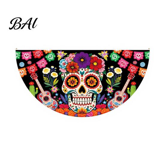 Sugar Skull Fan Flag Day of The Dead Bunting Banner, Marigold Print Fiesta Mexican Festival Home Ornament Hanging Flag, Colorful Outdoor Yard