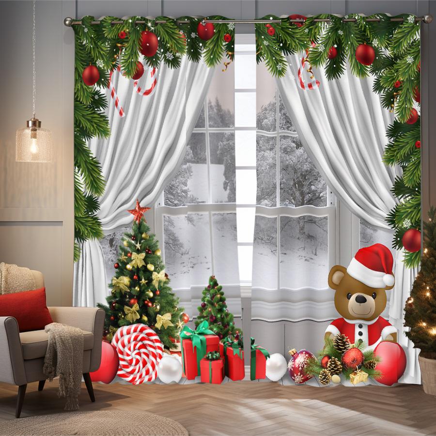 Set Of 2 Christmas Teddy Bear Print Curtains Insulation Multiple Sizes Living Room Bedroom Decoration Curtain Blackout For Made Polyester Machine