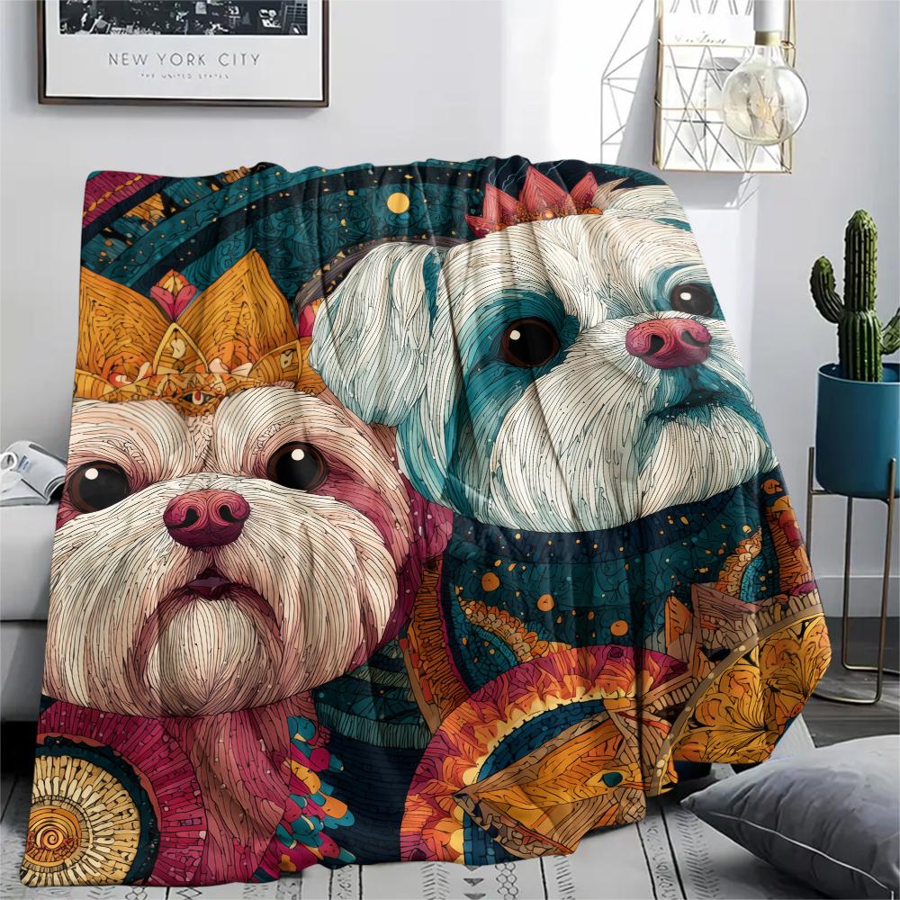 Colorful Maltese dog,pattern Flannel Blanket, High quality Comfortable for All Seasons, Home Decor, Warmth and Comfort, Perfect for Gifts.