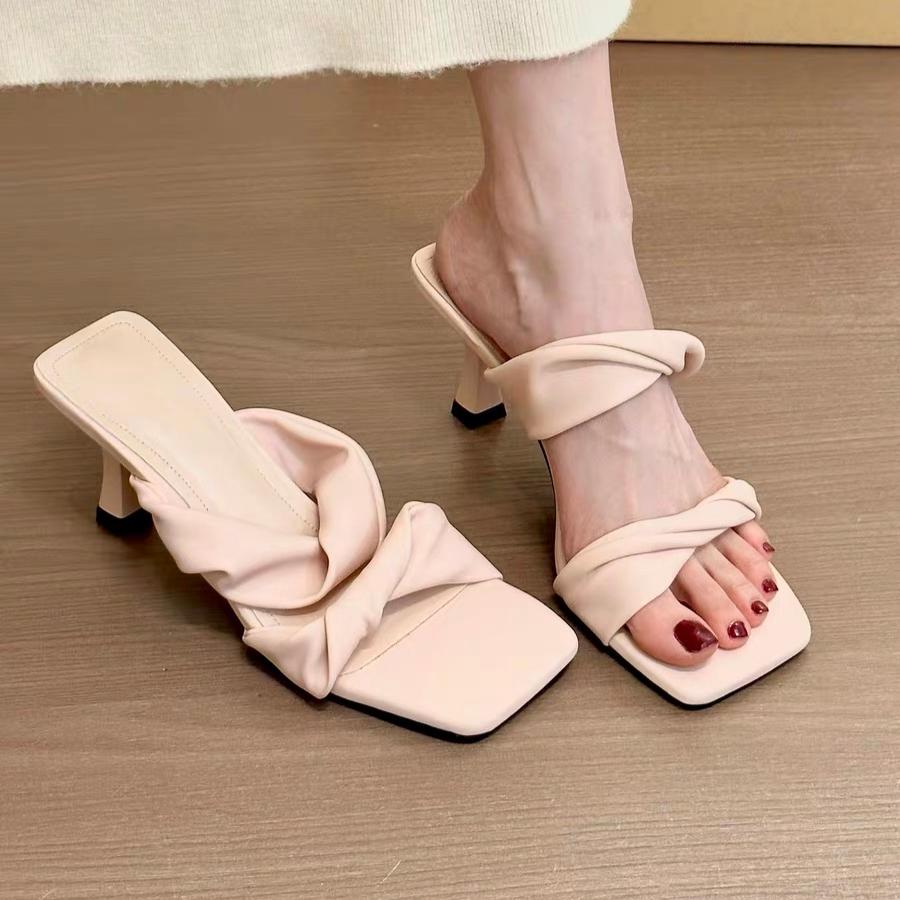Fashion Square Toe Slippers Women Sandals High Heels Shoes Loafers 2025 Trend Summer Shallow Dress Pumps Flip Flops Sandalias De Mujer