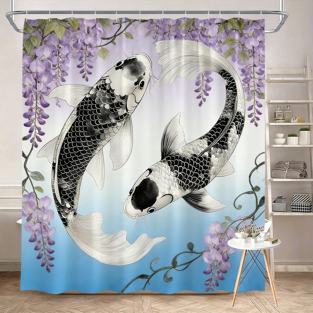 Luxury Golden Koi Fish with Cherry Blossoms Waterproof Shower Curtain for Feng Shui Bathroom Decor