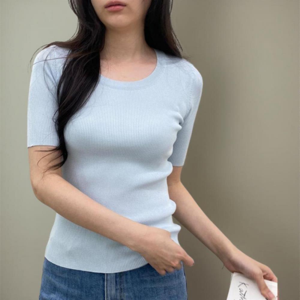 New Arrivals Open RUn Women Solid Color Rib Rayon Slim Fit U Neck Short Sleeve