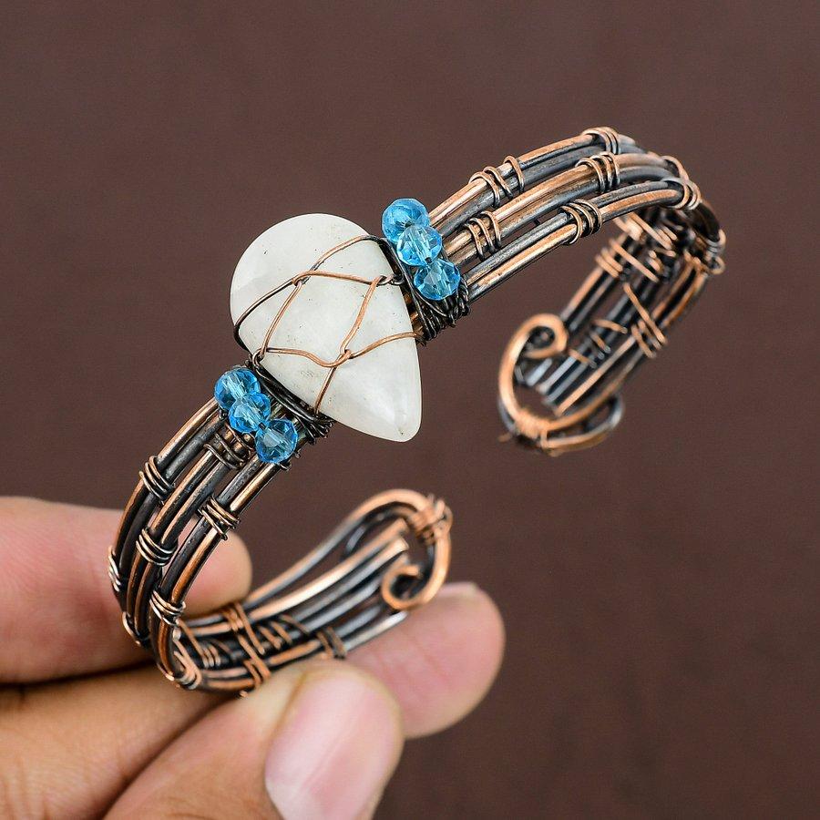 Natural Rainbow Moonstone Gemstone Copper Wire Wrap Cuff Bangle Adjustable z8W59