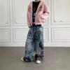 Mens Distressed Ripped Streetwear Graffiti Print Wide Leg Loose Fit Denim Jeans Hip Hop Style
