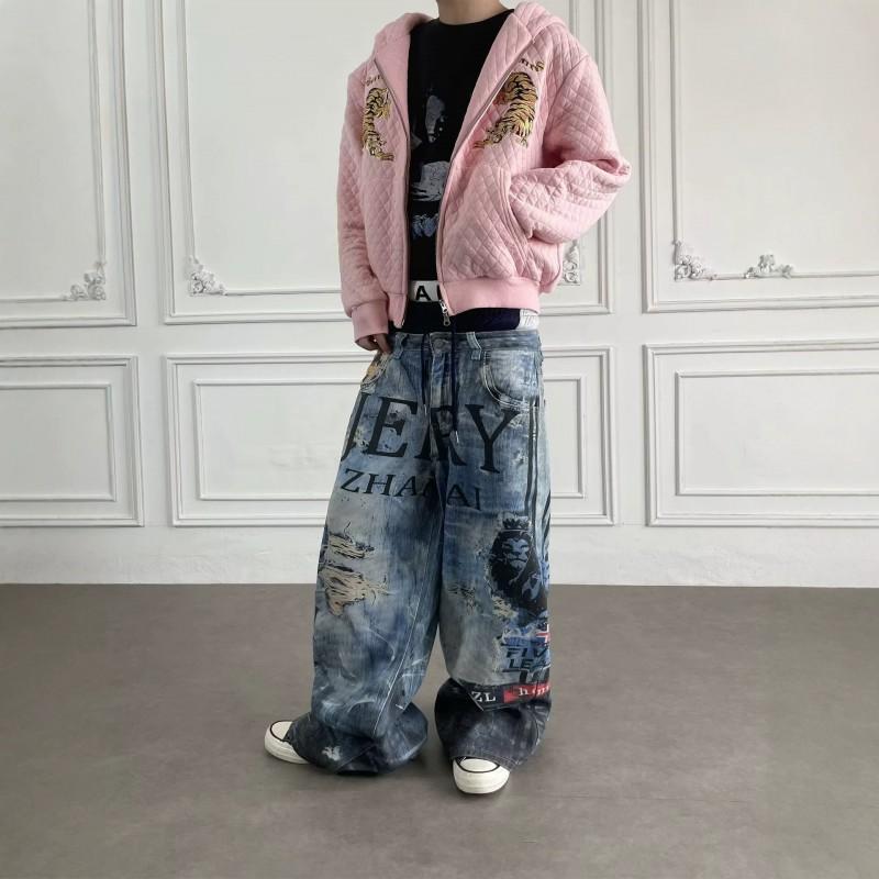 Mens Distressed Ripped Streetwear Graffiti Print Wide Leg Loose Fit Denim Jeans Hip Hop Style