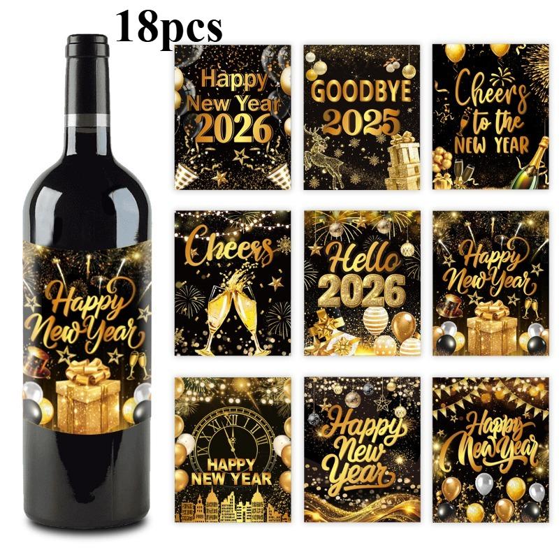 9Sheets Happy New Year Wine Bottle Label Sticker Black and Gold New Year Beer Bottle Stickers New Year Eve Party Decor