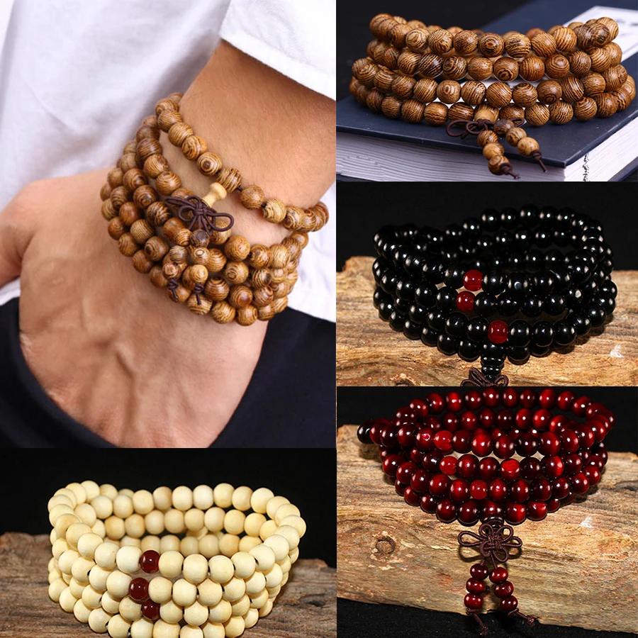 9 Styles 6mm Natural Sandalwood Buddhist Buddha Wood Prayer Beaded Knot Black Ebony Unisex Men Bracelets & Bangles for Women