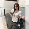 White V-neck exposed collarbone front shoulder short-sleeved T-shirt women's summer new slim and thin simple U-neck top