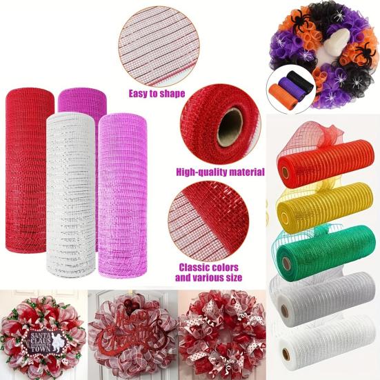 Christmas Poly Mesh Ribbon 10 Inch x 10 Yards Metallic Mesh Ribbon Foil Decorative Mesh Rolls for DIY Wreath Crafts Party Decoration