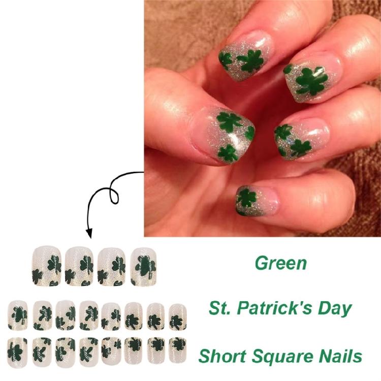 24 Pcs Glittering Press On Nail Saint Patricks Day Stick on Nail Shamrocks Full Cover False Nail Manicures Supplies