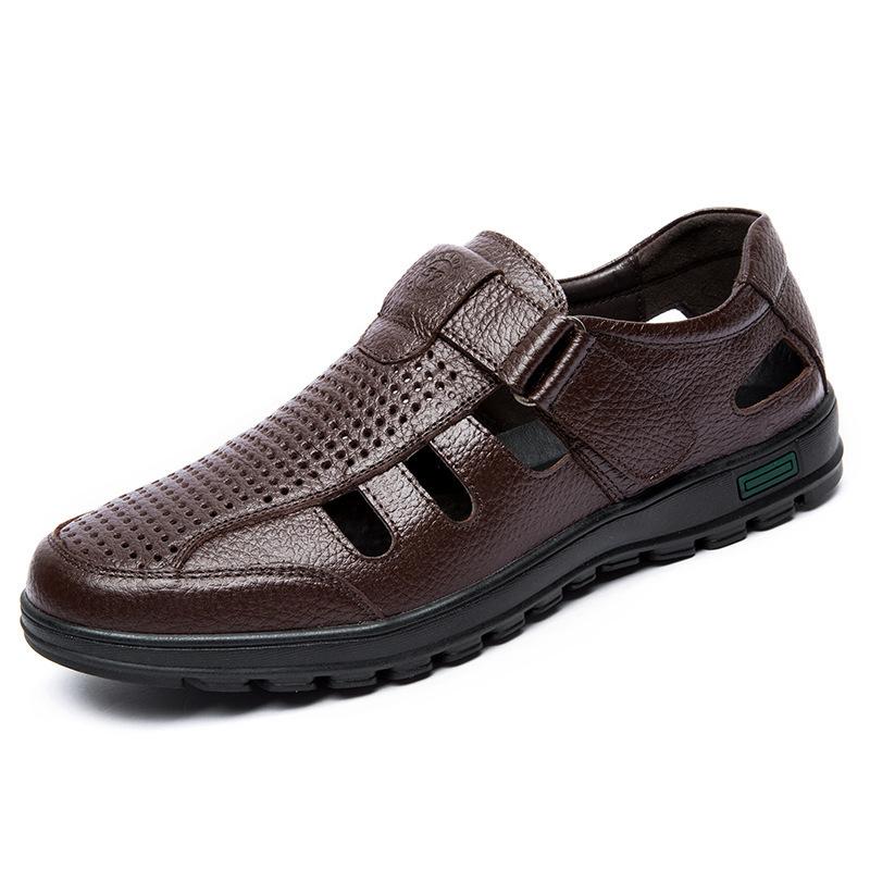 

2021 summer new men s leather sandals middle-aged and elderly foot shoes hole shoes fashion trend dad shoes hollow sandals 44