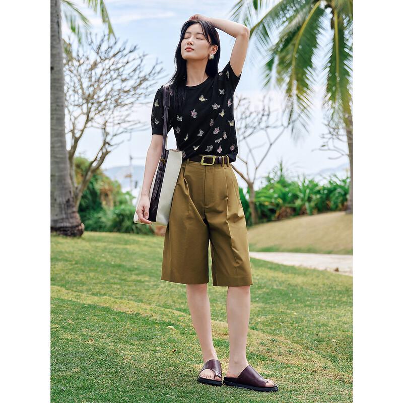 Jiu Zi Anna Kou Women's Elegant Floral Embroidered Short Sleeve Knit Blouse