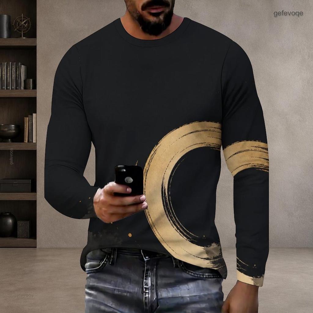 Men Plus Size Round Neck Long Sleeve Printed T Shirt Black Gold Blue Casual Pullover