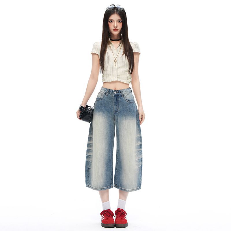 Trendy Heavy Whisker Detailed Curved Slub Fabric Loose Wide Leg Cropped Capri Denim Pants For Women Versatile Loose Straight Slimming Casual Wear