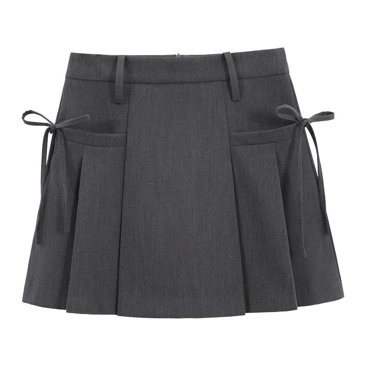 

2024 Autumn Women s Gray High Waist Pleated A-Line Midi Skirt with Bow Tie L