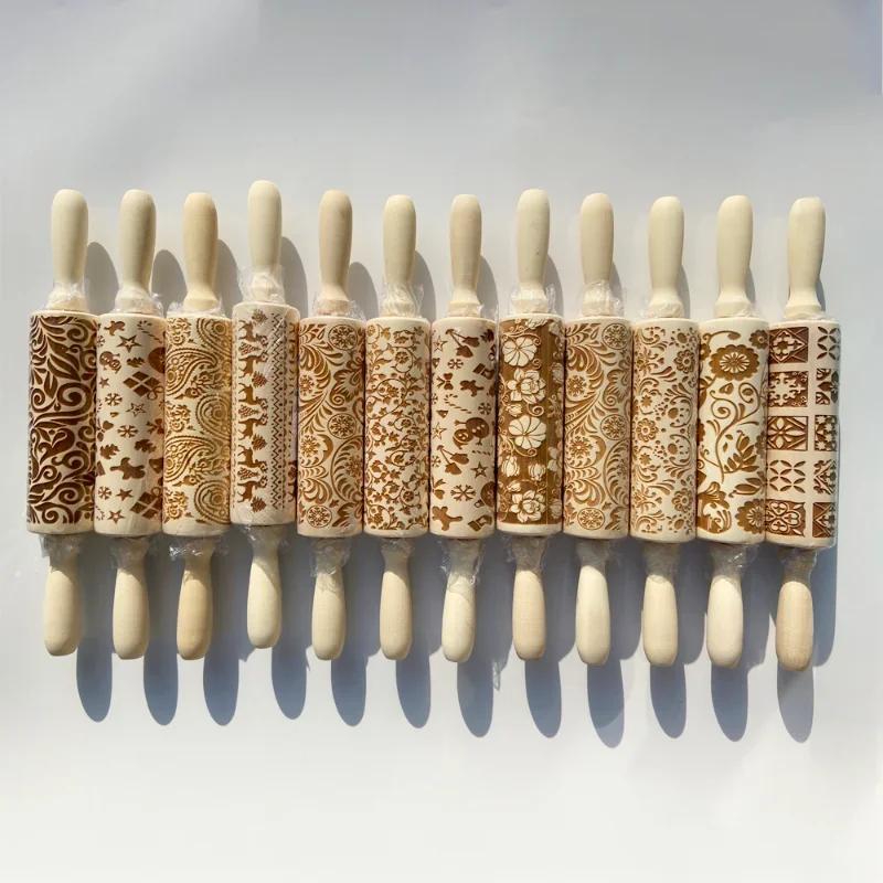3D Pattern Flower Snowflake Rattan Wooden DIY Baking Tools Laser Engraved Christmas Embossed Rolling Pins Cookie Mold 2025