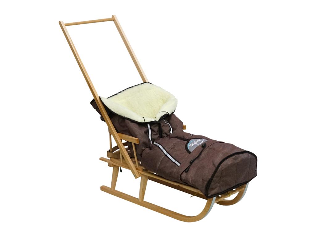 Wooden Sled With Backrest, Pusher And Sleeping Bag For Children, Solid Polish