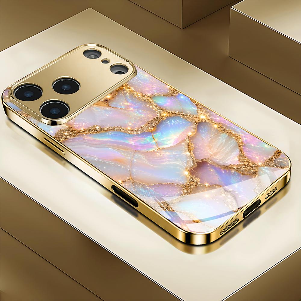 Texture Phone Case Gold Electroplated Tempered Glass For iPhone 16 15 14 13 12 Pro Max Shockproof Silicone Hard Back Cover