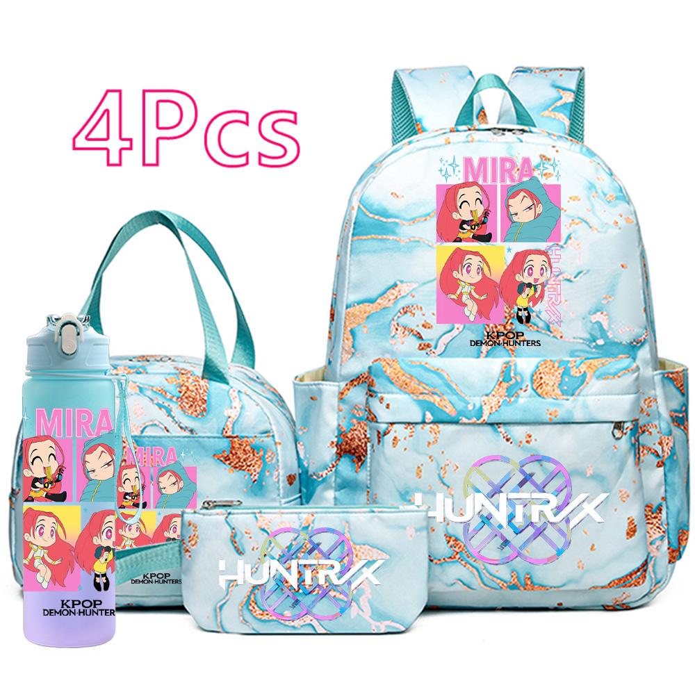 4Pcs/set Cartoon K-Pop Printed Large Capacity Backpack Handbag Pencil Case with 750Ml Water Bottler for Teenager Boy Girl Schoolbag Bookbag Kid Gift