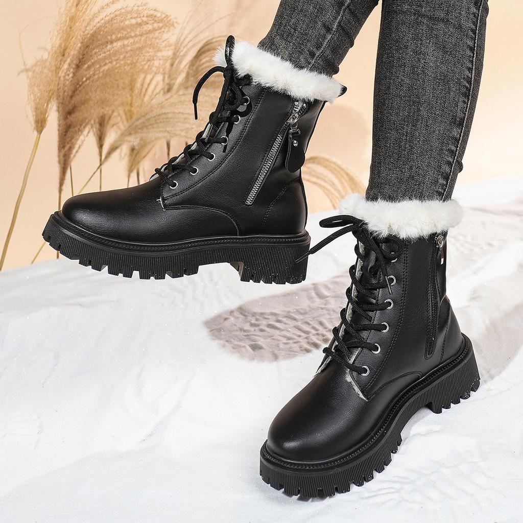 Women Ankle Boots Winter Cotton Shoes Fashion Round Toe Lace-Up Shoes Women Side Zip Platform Non-Slip Booties Zapatos De Mujer