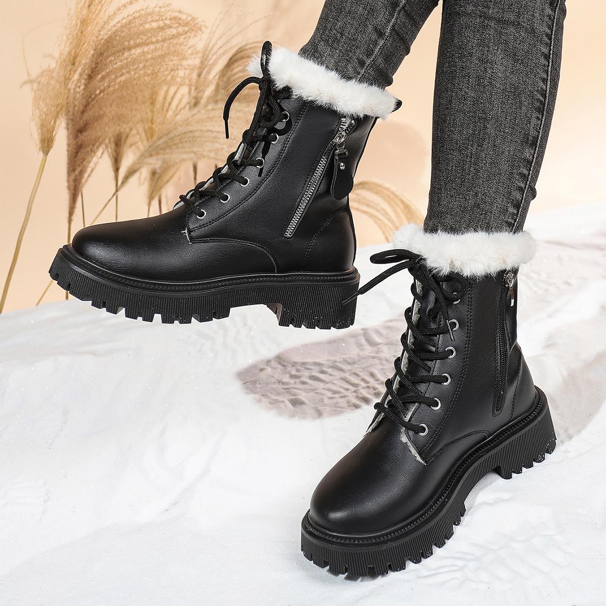 

Women Ankle Boots Winter Cotton Shoes Fashion Round Toe Lace-Up Shoes Women Side Zip Platform Non-Slip Booties Zapatos De Mujer 35 чёрный